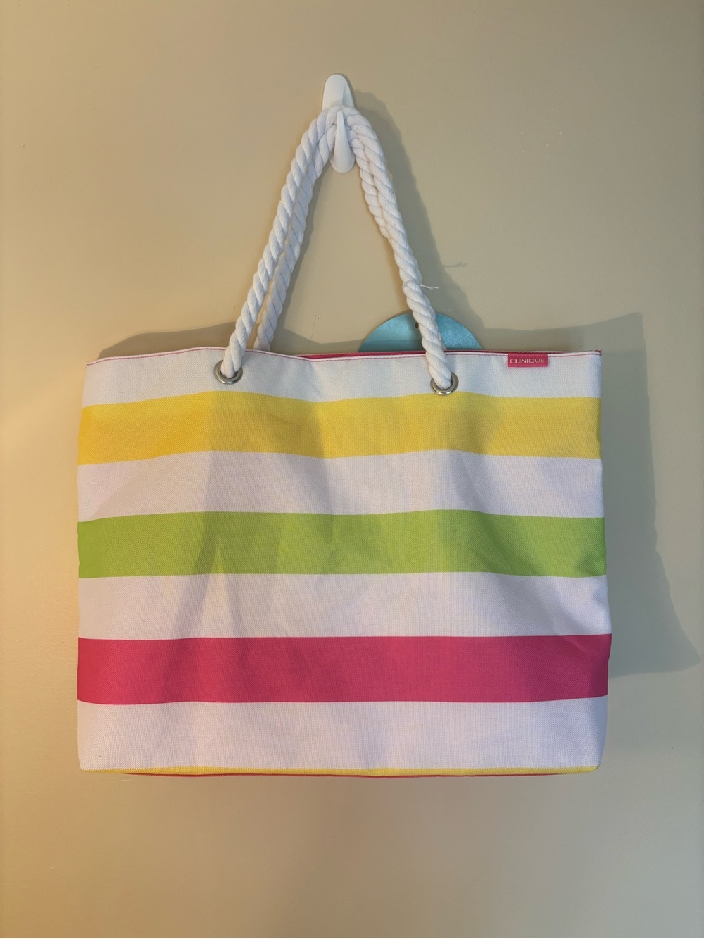 Clinique Striped Canvas Tote in White, Yellow, Green & Pink